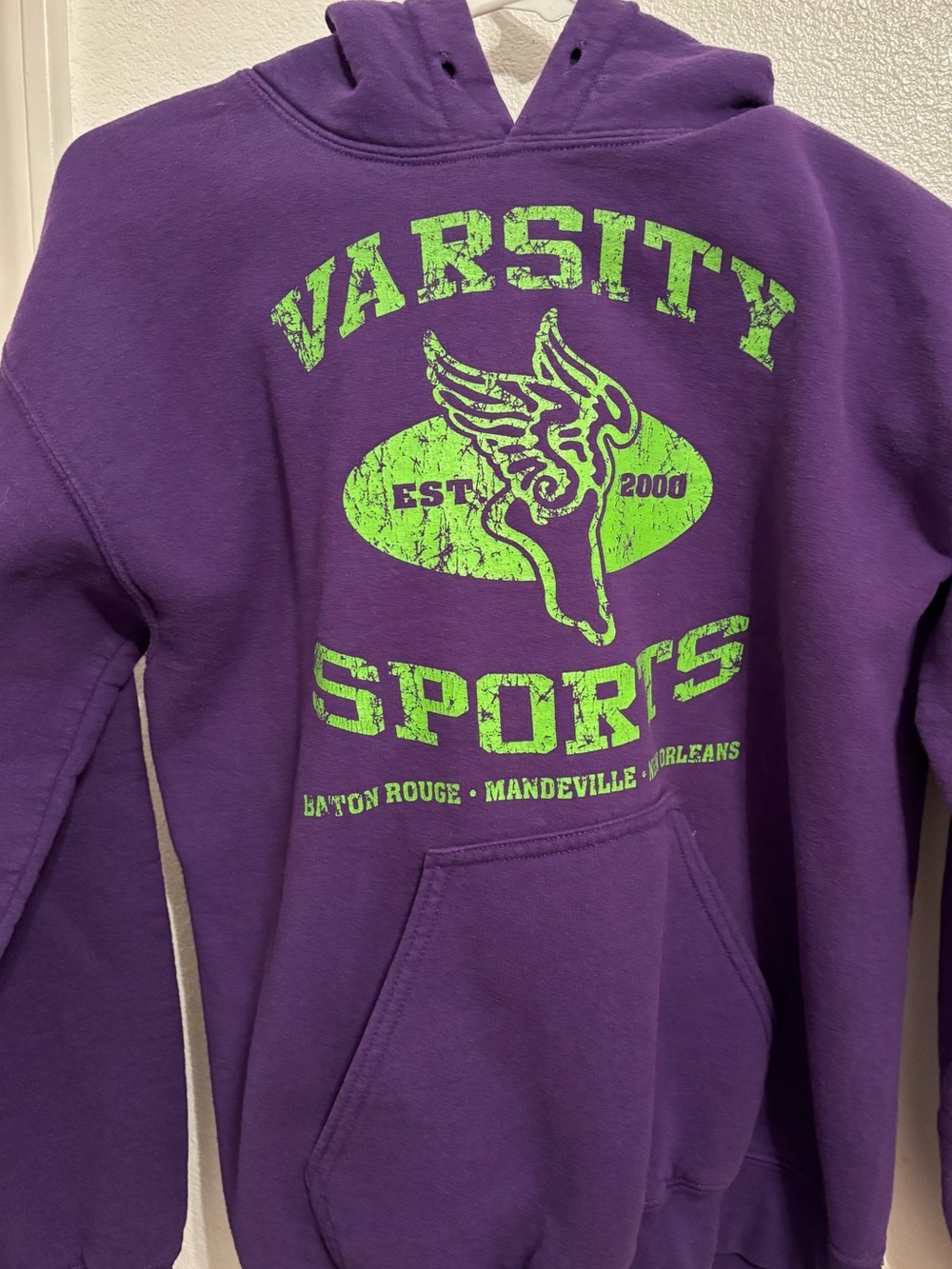 Purple Varsity Sports Hoodie with Neon Green Graphic S Louisiana running store